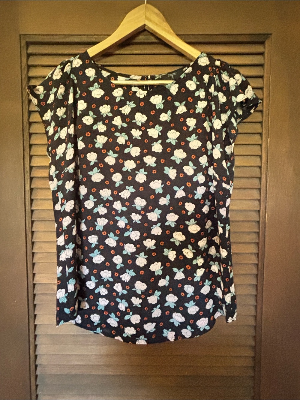 Tahari Black Floral Short-Sleeve Blouse with White & Mint Blooms